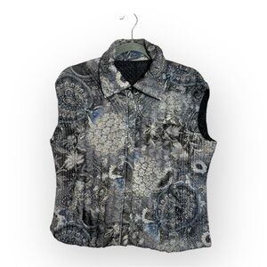 Ubu Gray Floral Quilted Reversible Art Travel Vest Boho Patchwork XL